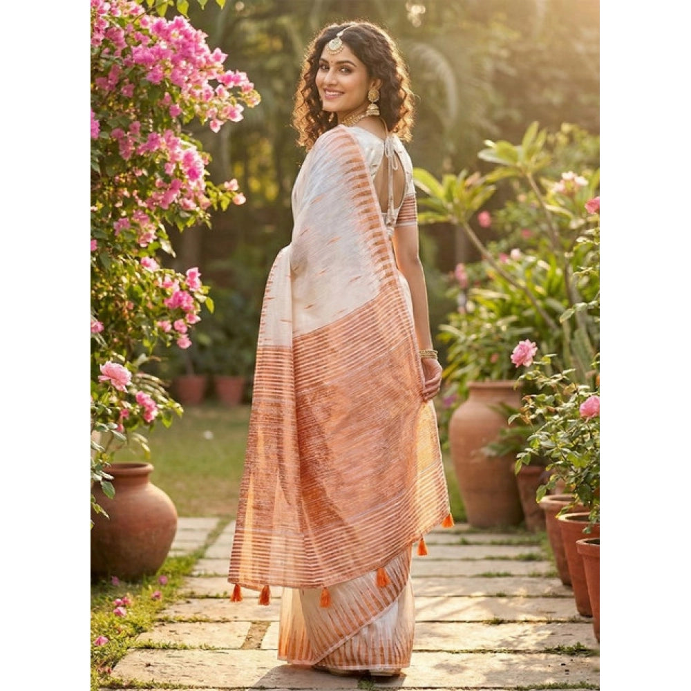 Women's Linen Cotton Printed Saree — White · 2556