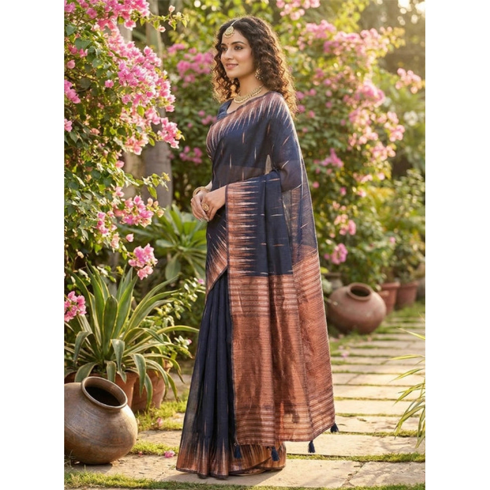 Women's Linen Cotton Printed Saree — Navy Blue · 2557