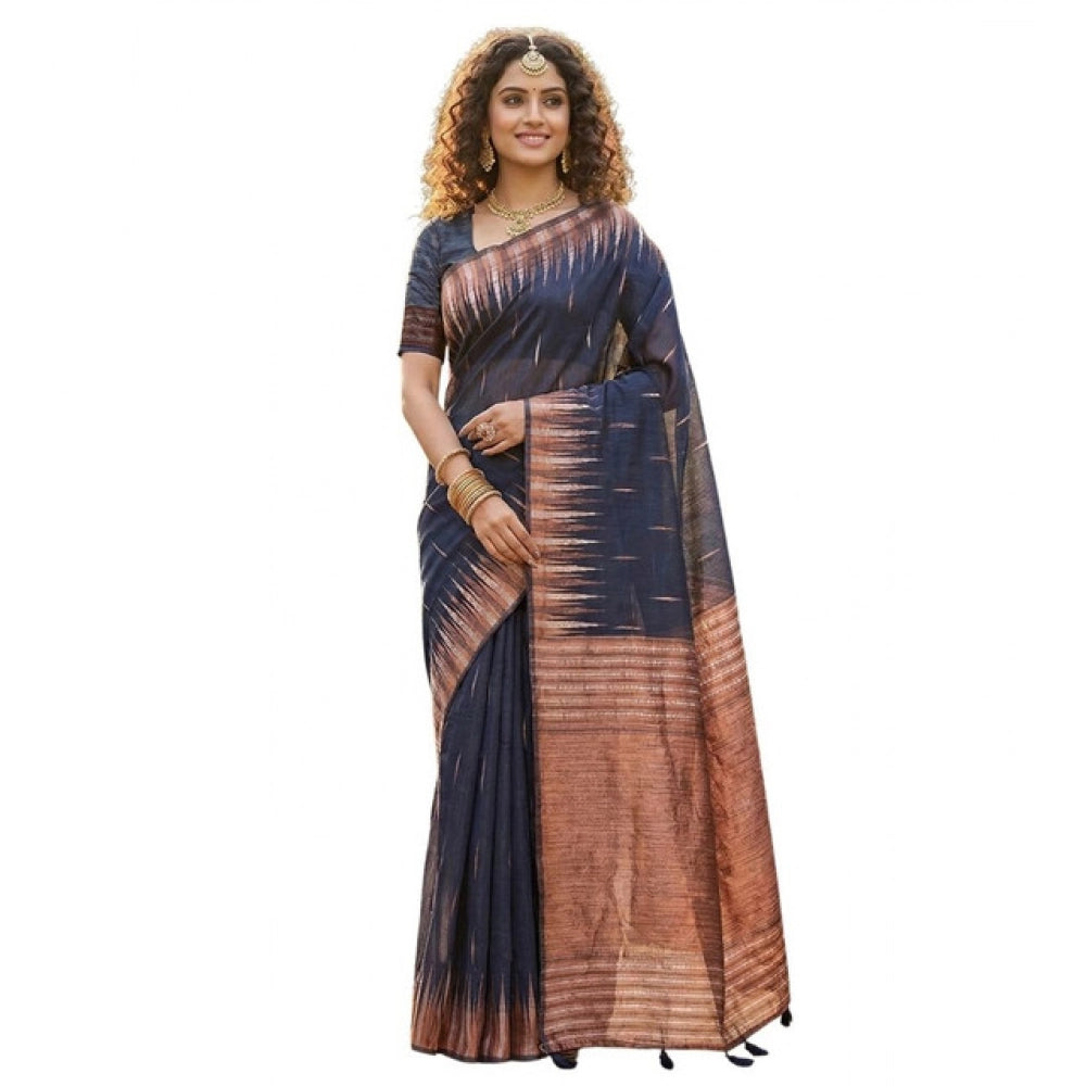 Women's Linen Cotton Printed Saree — Navy Blue · 2557