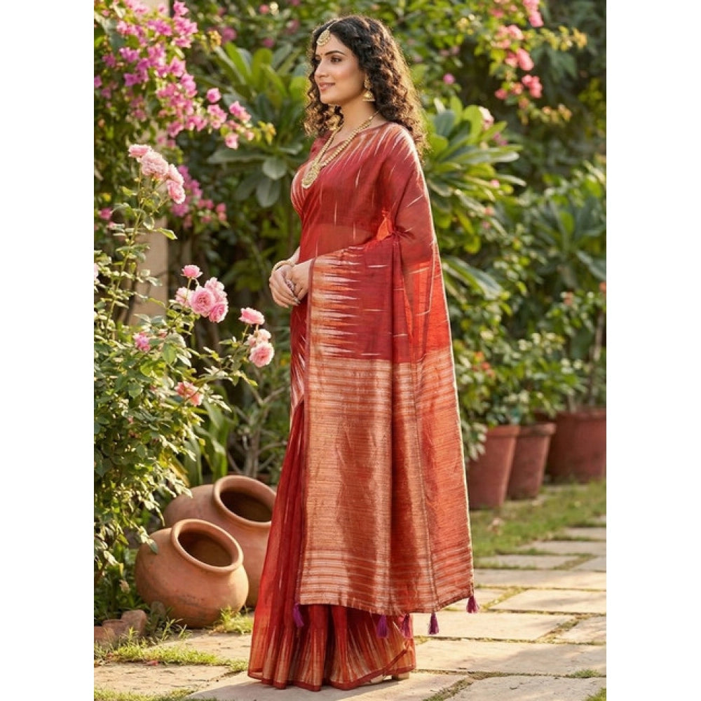 Women's Linen Cotton Printed Saree — Red · 2558