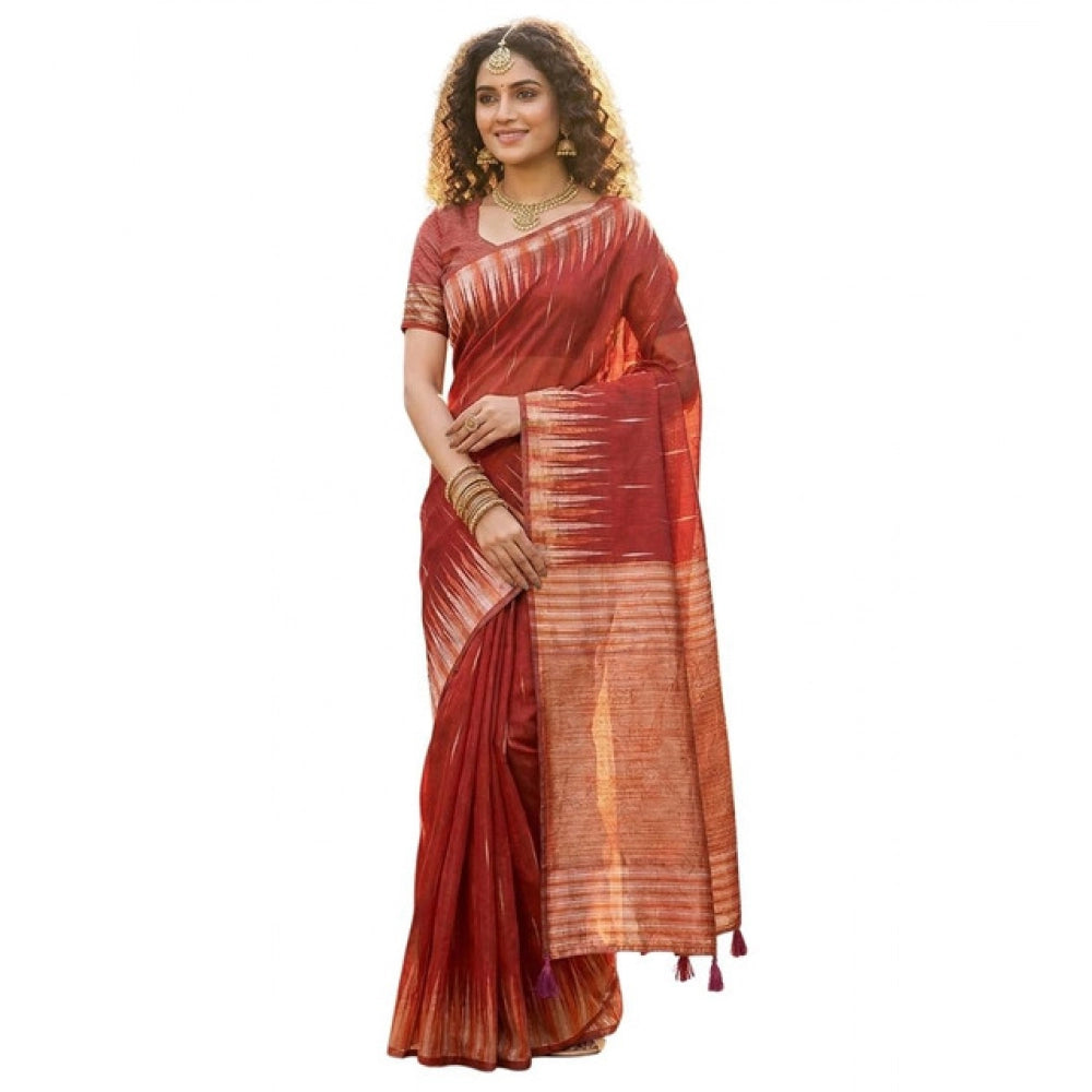 Women's Linen Cotton Printed Saree — Red · 2558