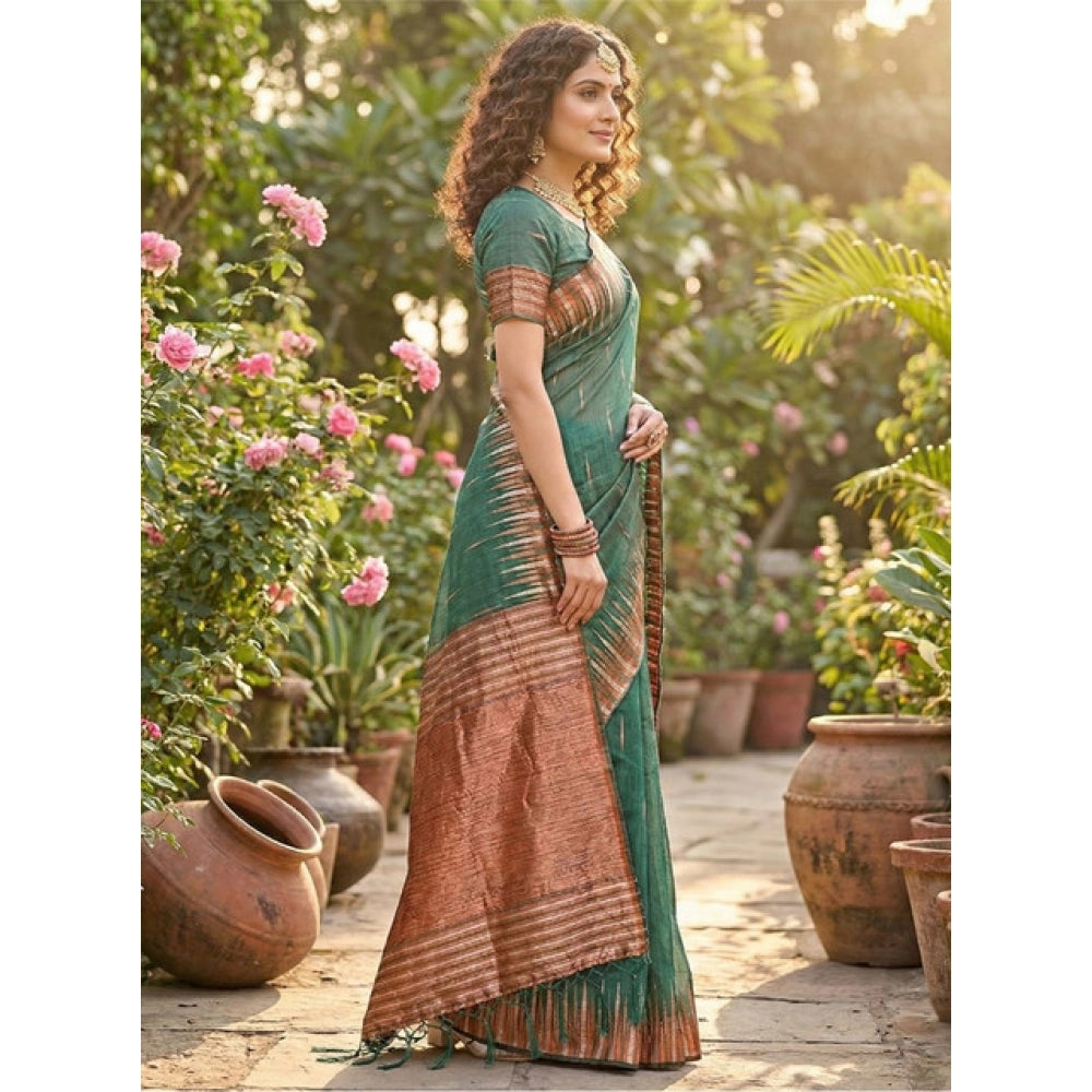 Women's Linen Cotton Printed Saree — Green · 2559