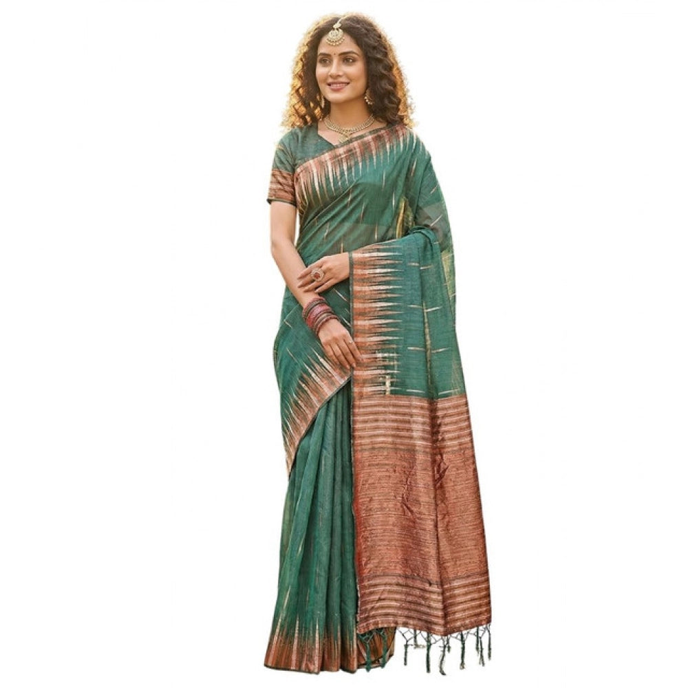 Women's Linen Cotton Printed Saree — Green · 2559