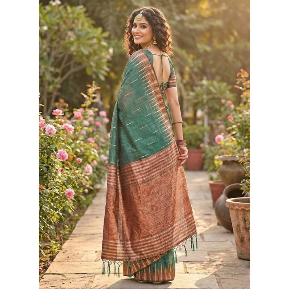 Women's Linen Cotton Printed Saree — Green · 2559