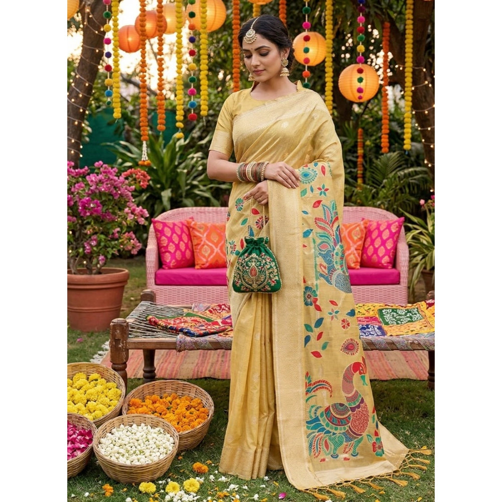Women's Linen Cotton Floral Embroidered Saree — Yellow