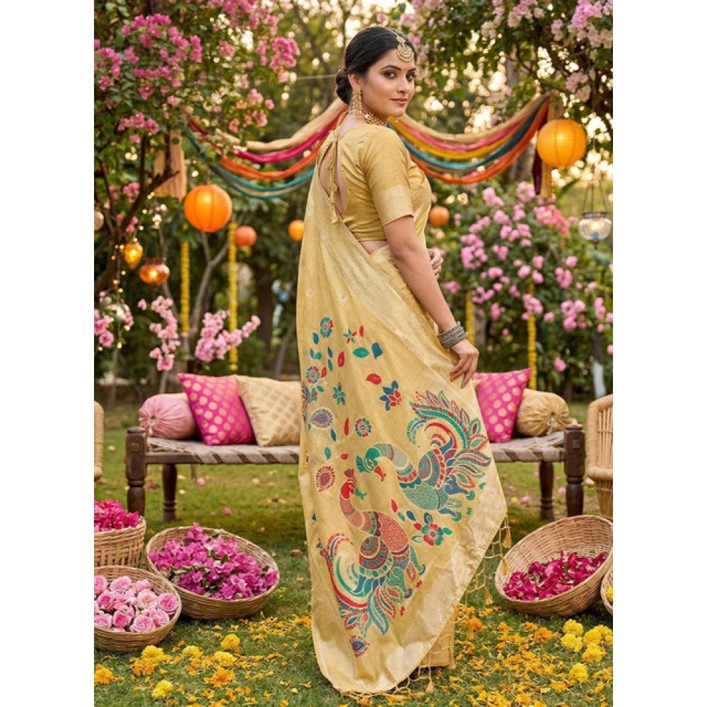 Women's Linen Cotton Floral Embroidered Saree — Yellow