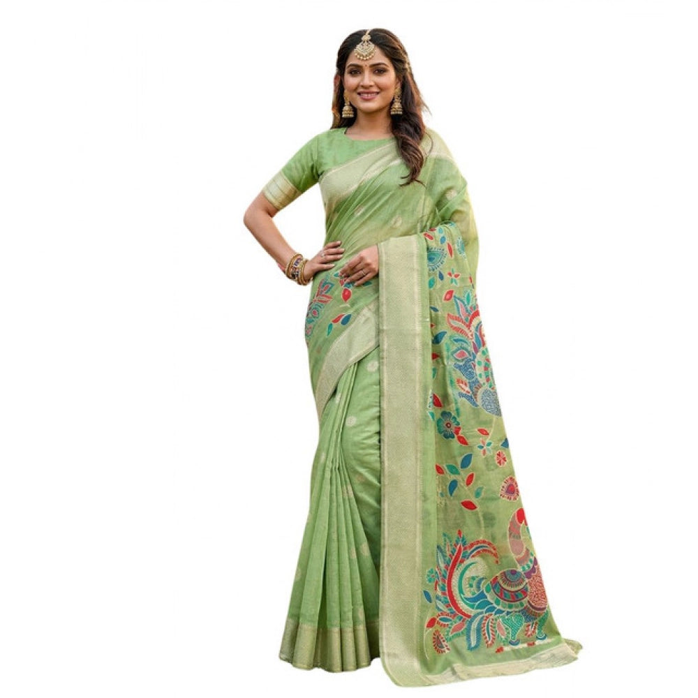 Women's Linen Cotton Floral Embroidered Saree — Light Green