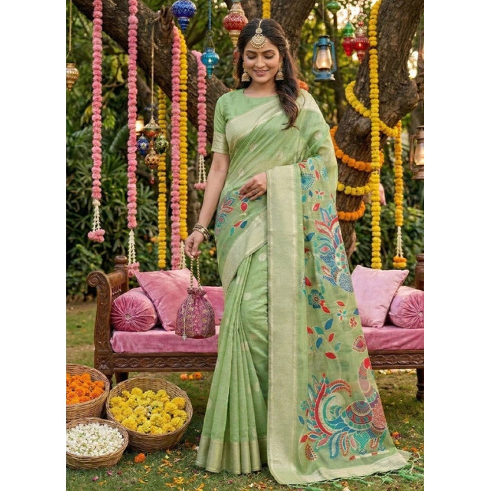 Women's Linen Cotton Floral Embroidered Saree — Light Green
