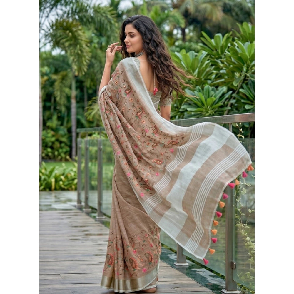 Women's Linen Floral Embroidered Saree — Brown