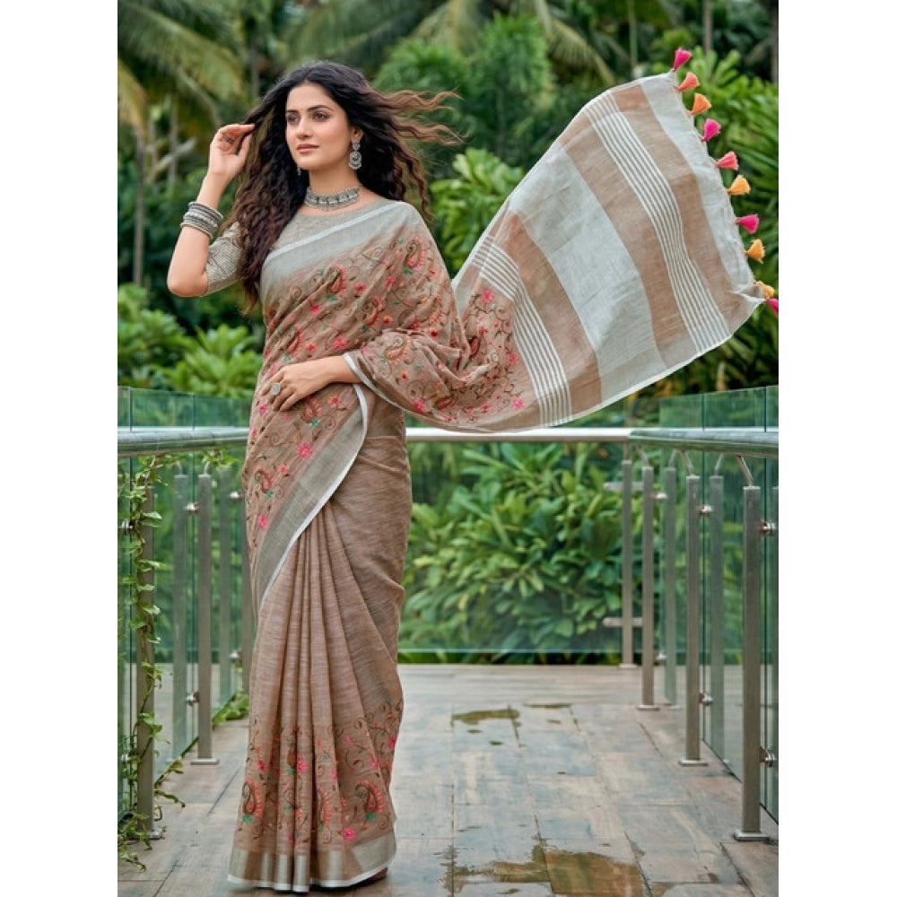 Women's Linen Floral Embroidered Saree — Brown