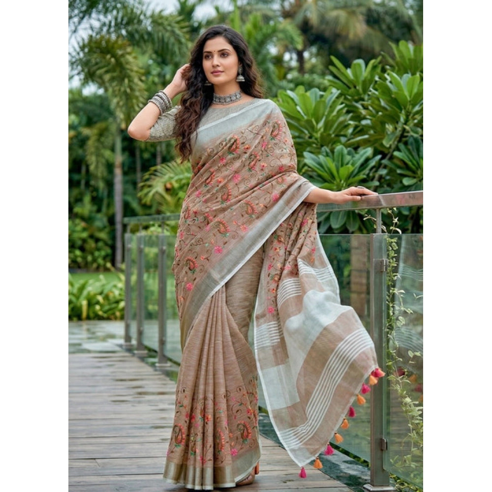 Women's Linen Floral Embroidered Saree — Brown