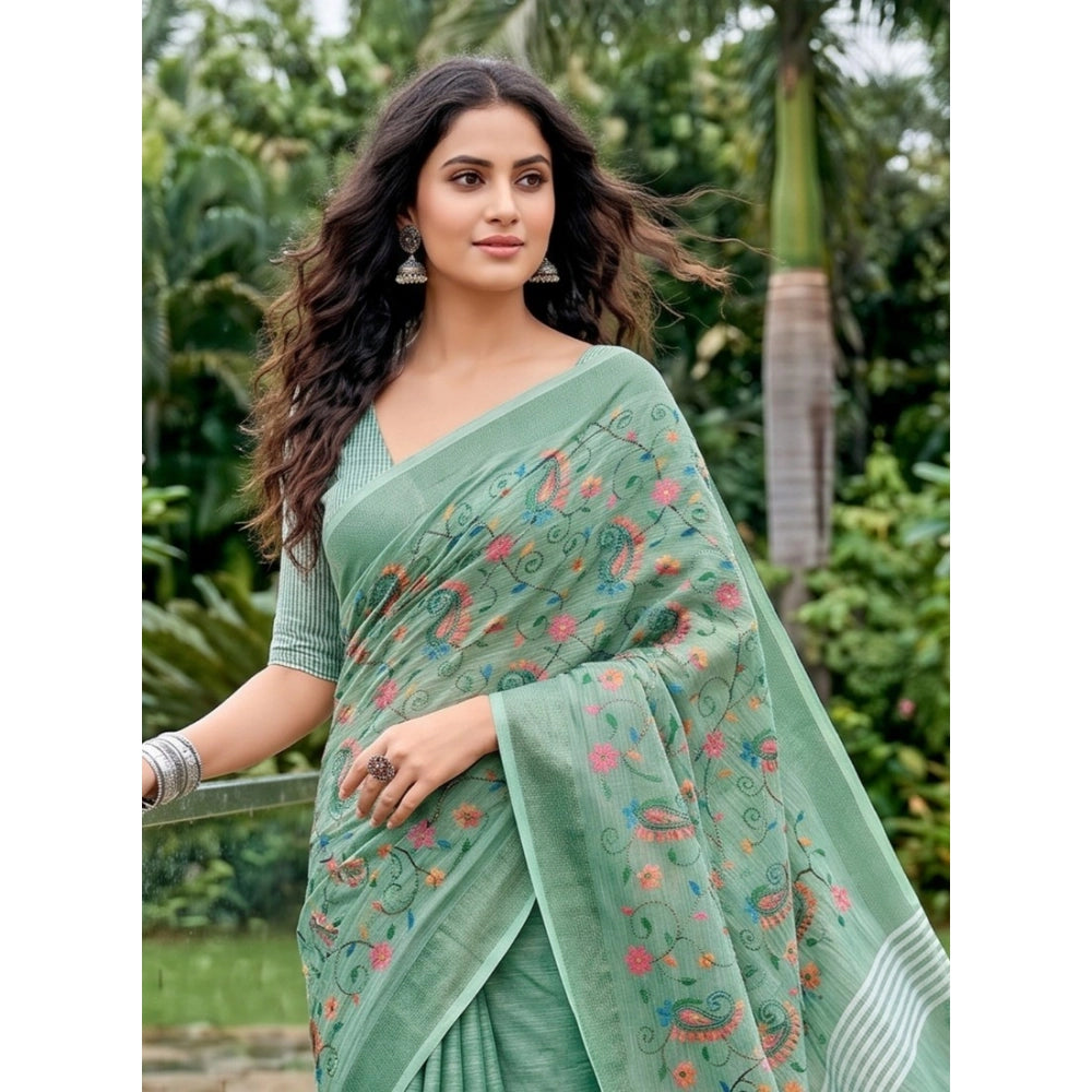 Women's Linen Floral Embroidered Saree — Sea Green