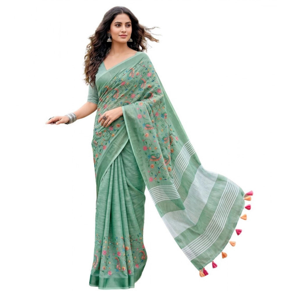 Women's Linen Floral Embroidered Saree — Sea Green