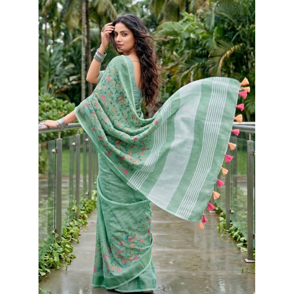 Women's Linen Floral Embroidered Saree — Sea Green