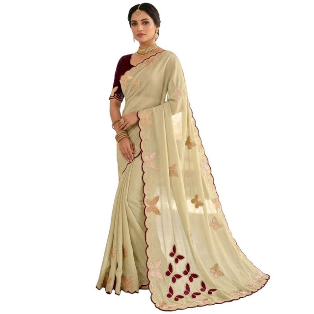 Women's Star Georgette Embellished Saree — Beige-Maroon