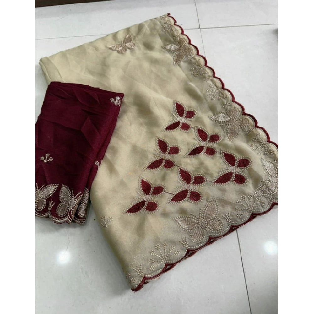 Women's Star Georgette Embellished Saree — Beige-Maroon