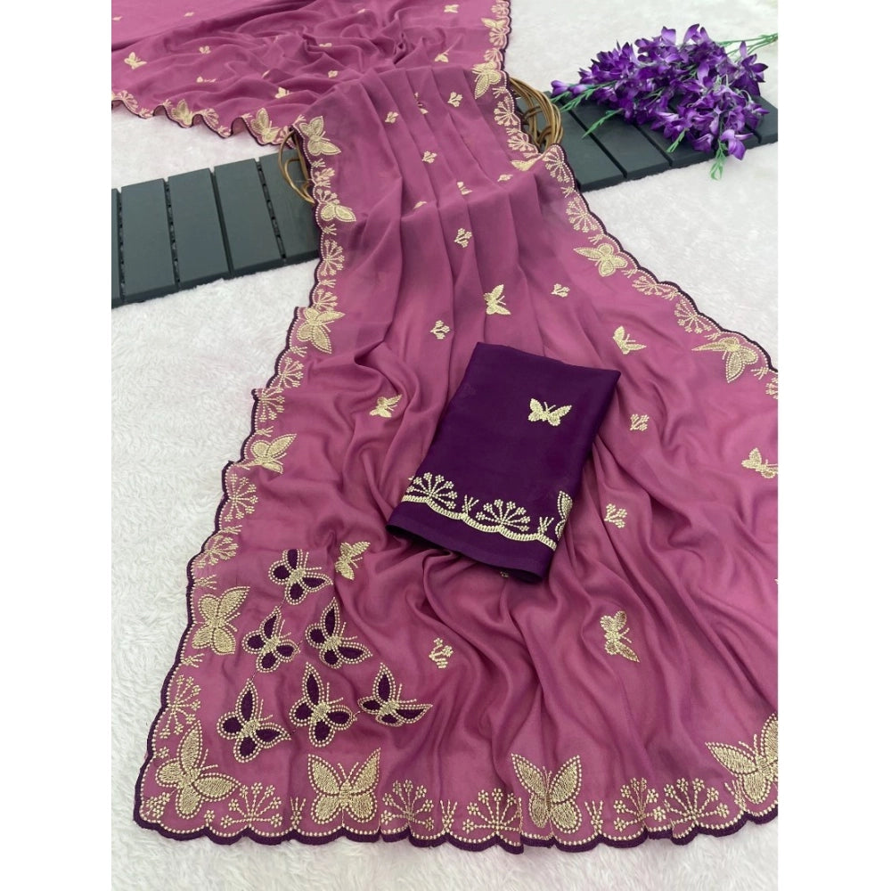 Women's Star Georgette Embellished Saree — Dusty Purple-Blue