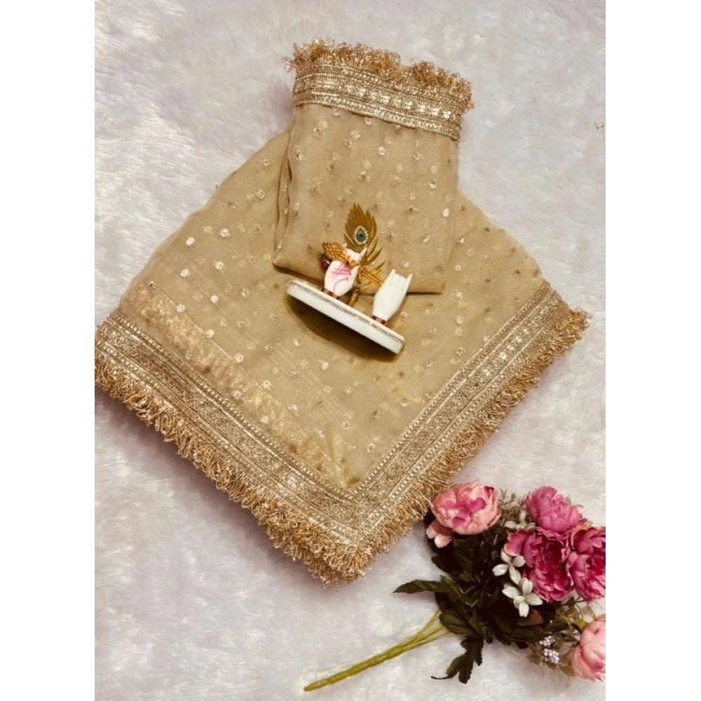 Women's Silk Embellished Saree — Beige
