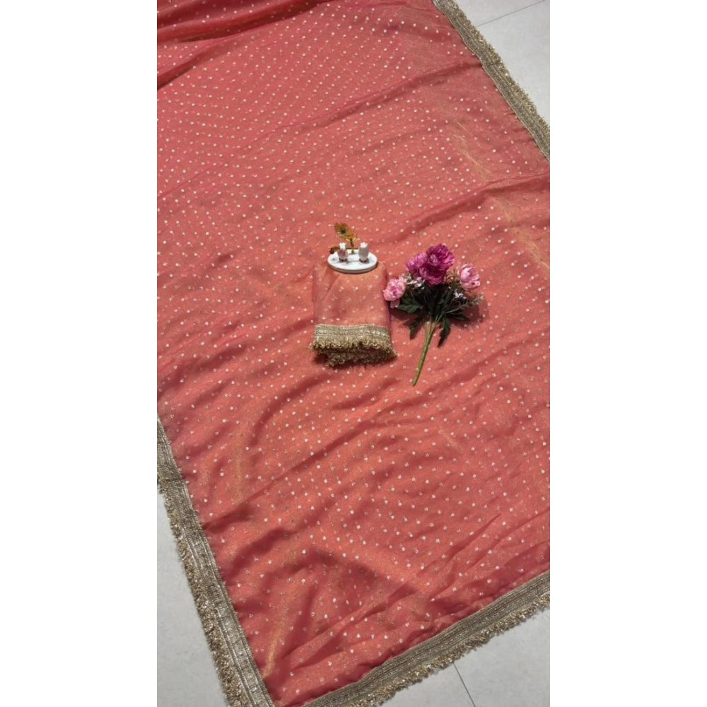 Women's Silk Embellished Saree — Peach · 2595