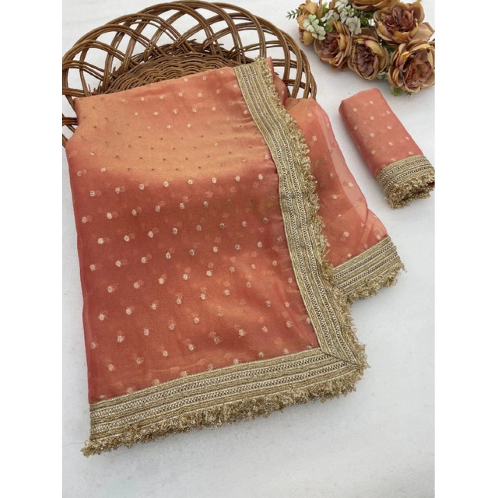 Women's Silk Embellished Saree — Peach · 2595