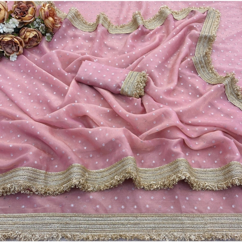 Women's Silk Embellished Saree — Pink