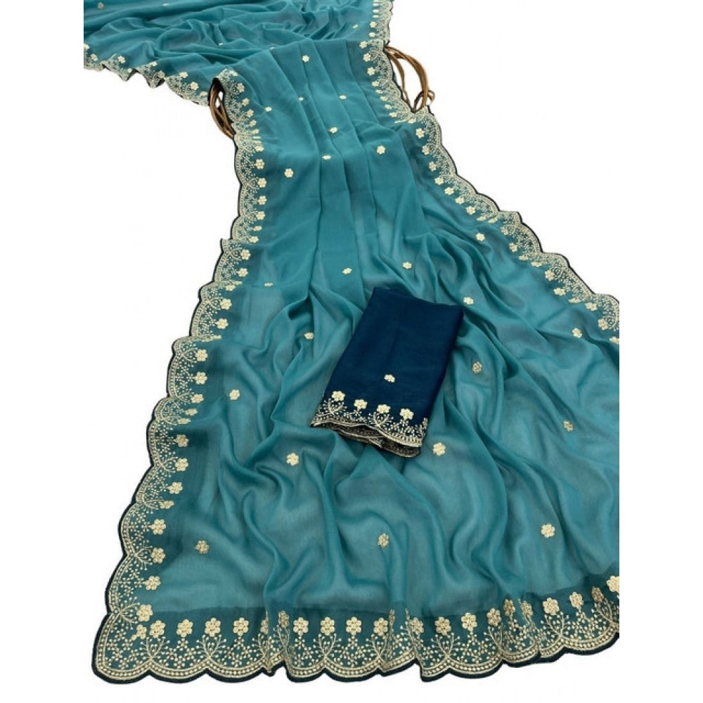 Women's Star Georgette Embroidered Saree — Blue