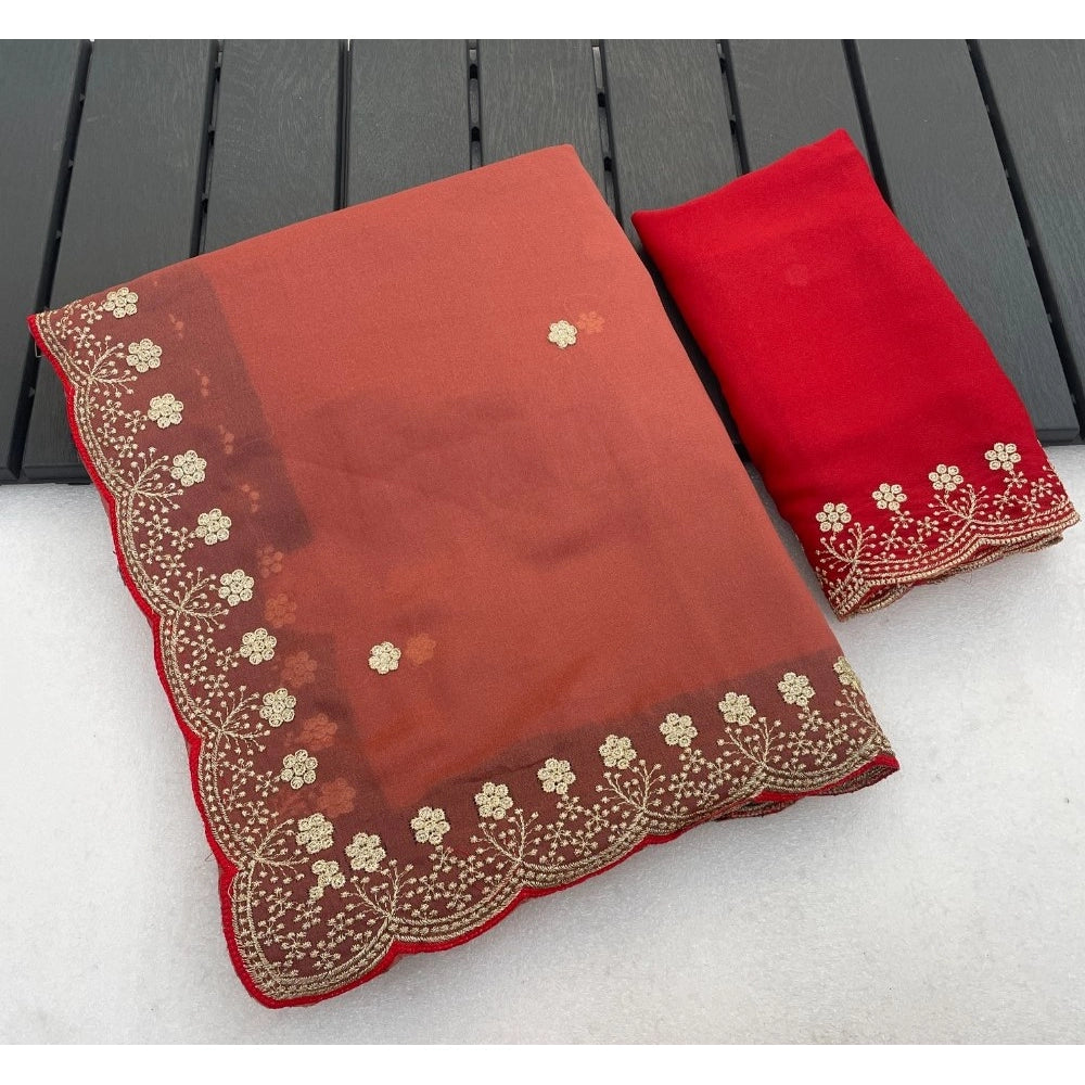 Women's Star Georgette Embroidered Saree — Orange · 2599