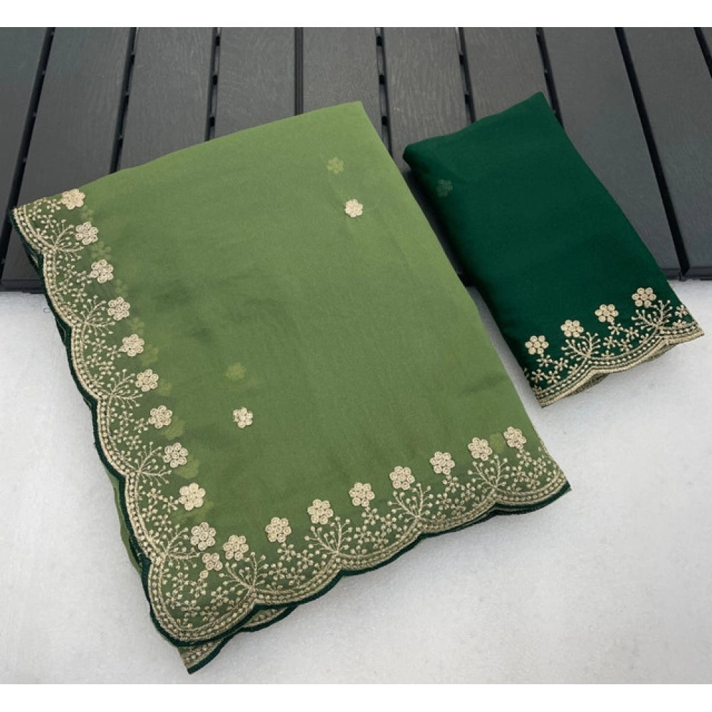Women's Star Georgette Embroidered Saree — Green · 2600
