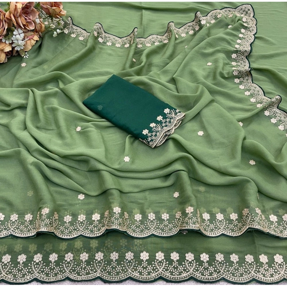 Women's Star Georgette Embroidered Saree — Green · 2600