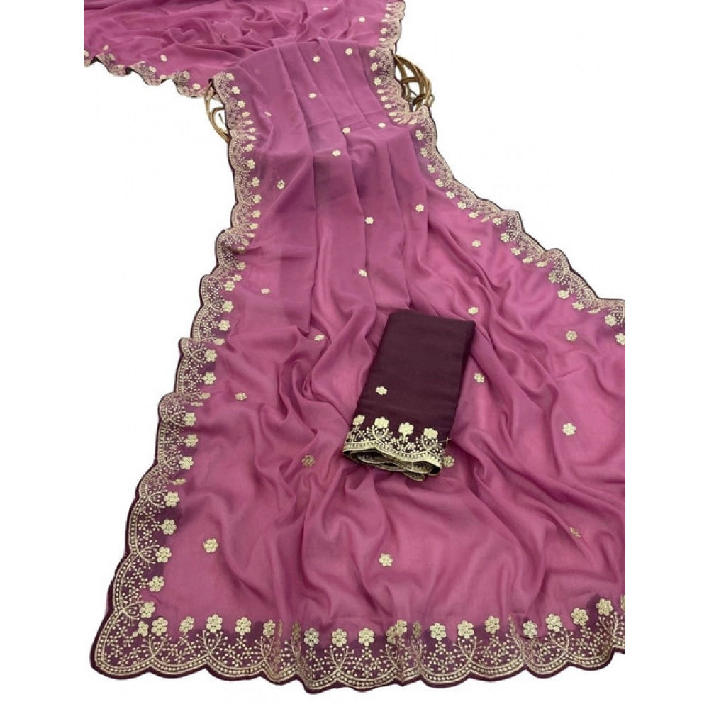 Women's Star Georgette Embroidered Saree — Pink · 2601