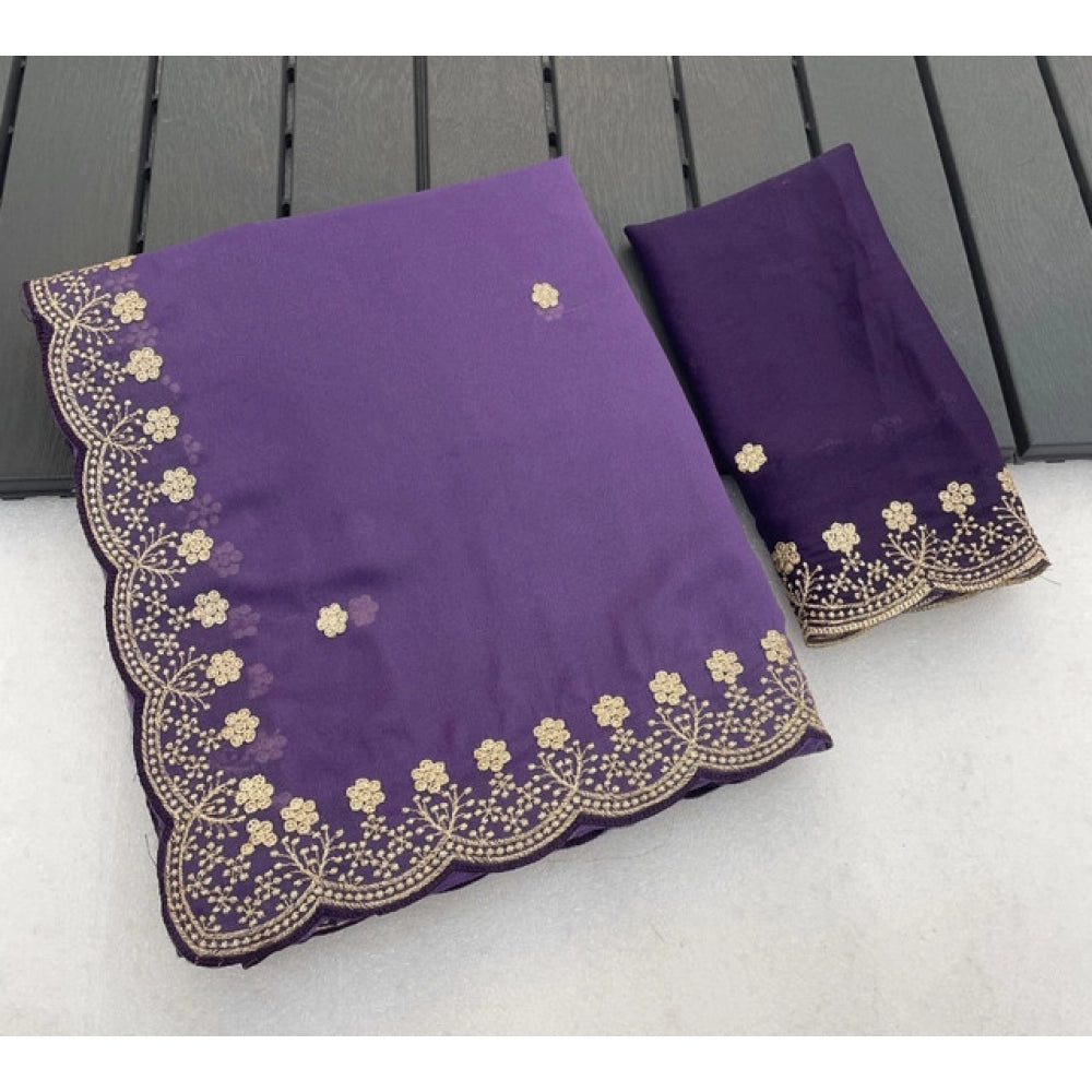 Women's Star Georgette Embroidered Saree — Purple · 2602