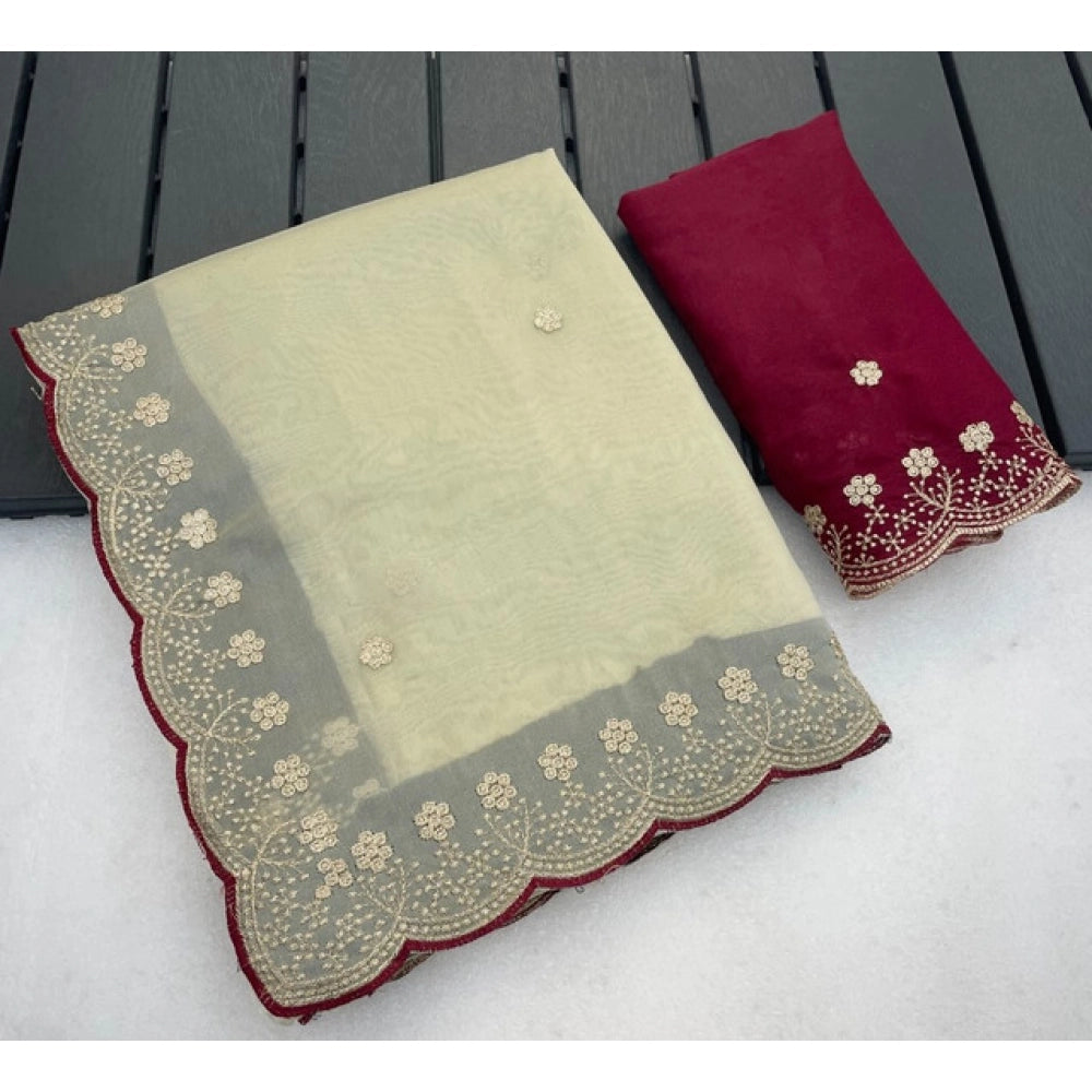Women's Star Georgette Embroidered Saree — Off White