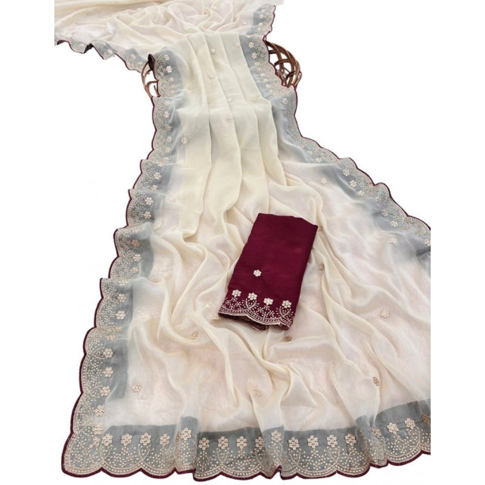 Women's Star Georgette Embroidered Saree — Off White