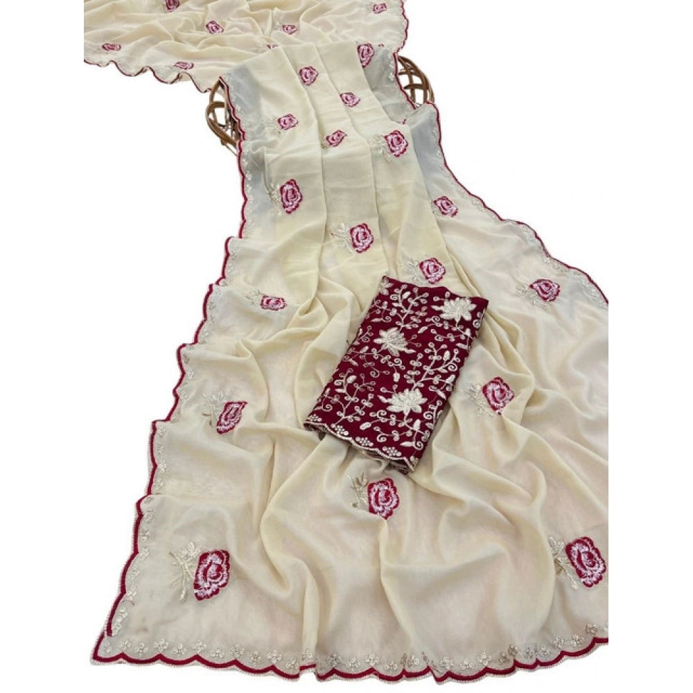 Women's Star Georgette Embroidered Saree — Cream · 2605