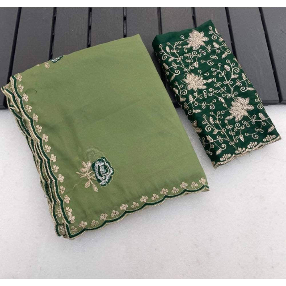 Women's Star Georgette Embroidered Saree — Green · 2606