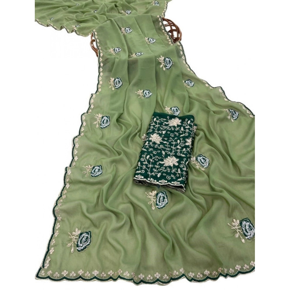 Women's Star Georgette Embroidered Saree — Green · 2606