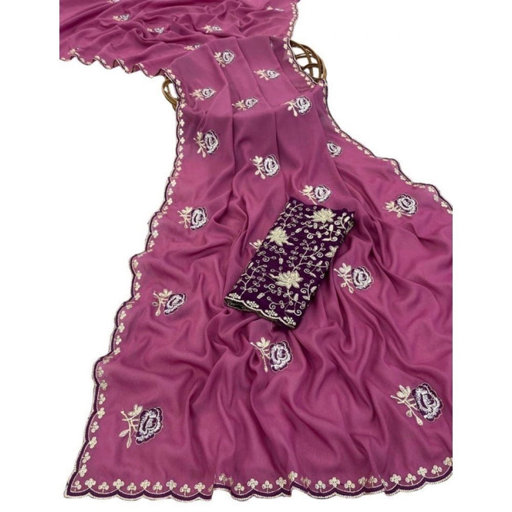 Women's Star Georgette Embroidered Saree — Pink · 2607