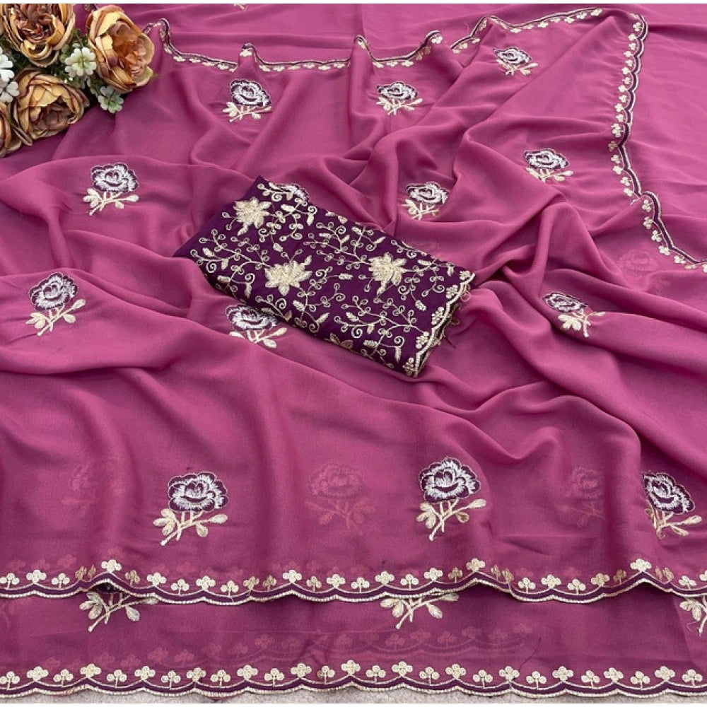 Women's Star Georgette Embroidered Saree — Pink · 2607