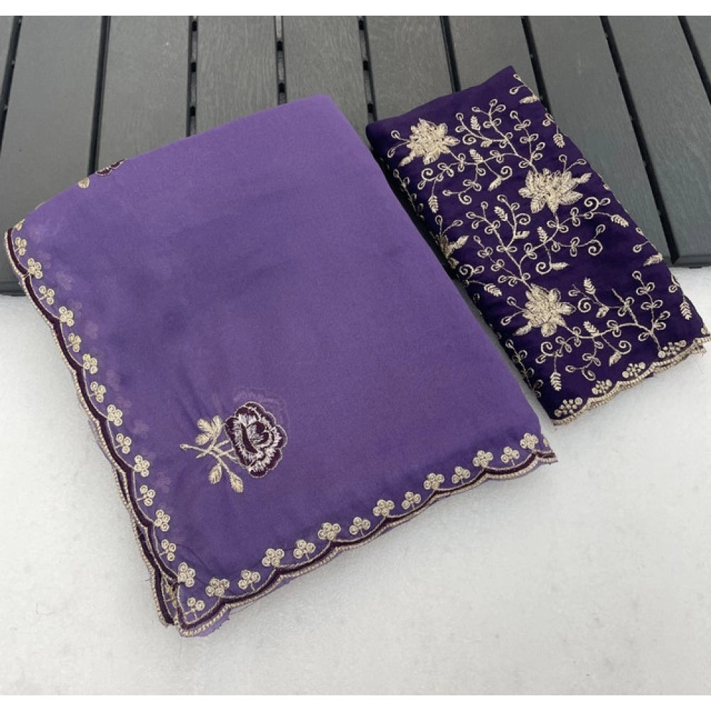 Women's Star Georgette Embroidered Saree — Purple · 2608