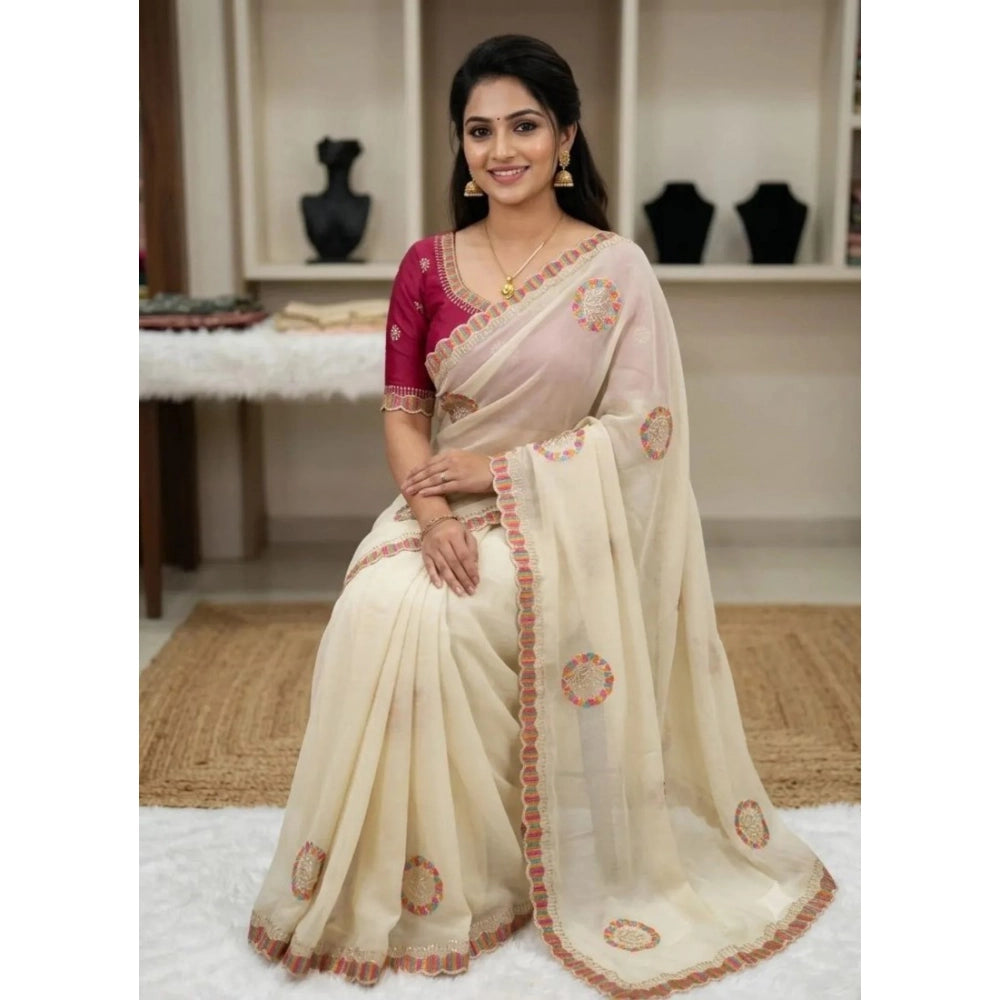 Women's Star Georgette Embroidered Saree — Cream · 2611