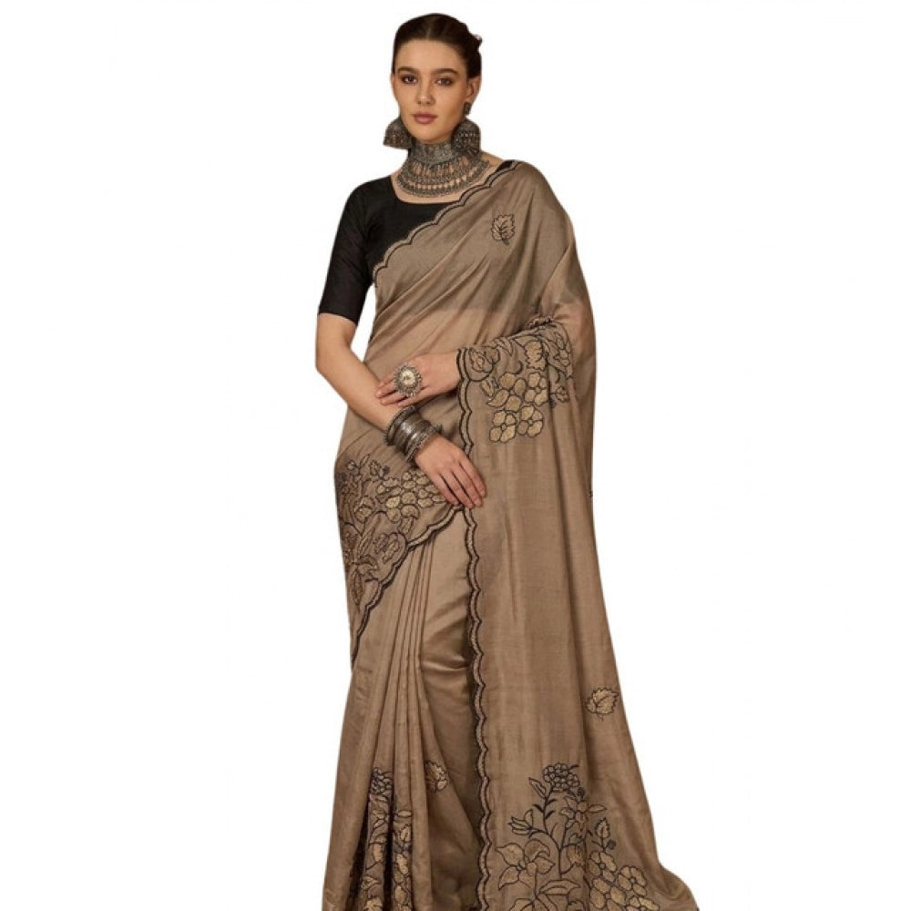 Women's Viscose Silk Embroidered Saree — Brown · 2612