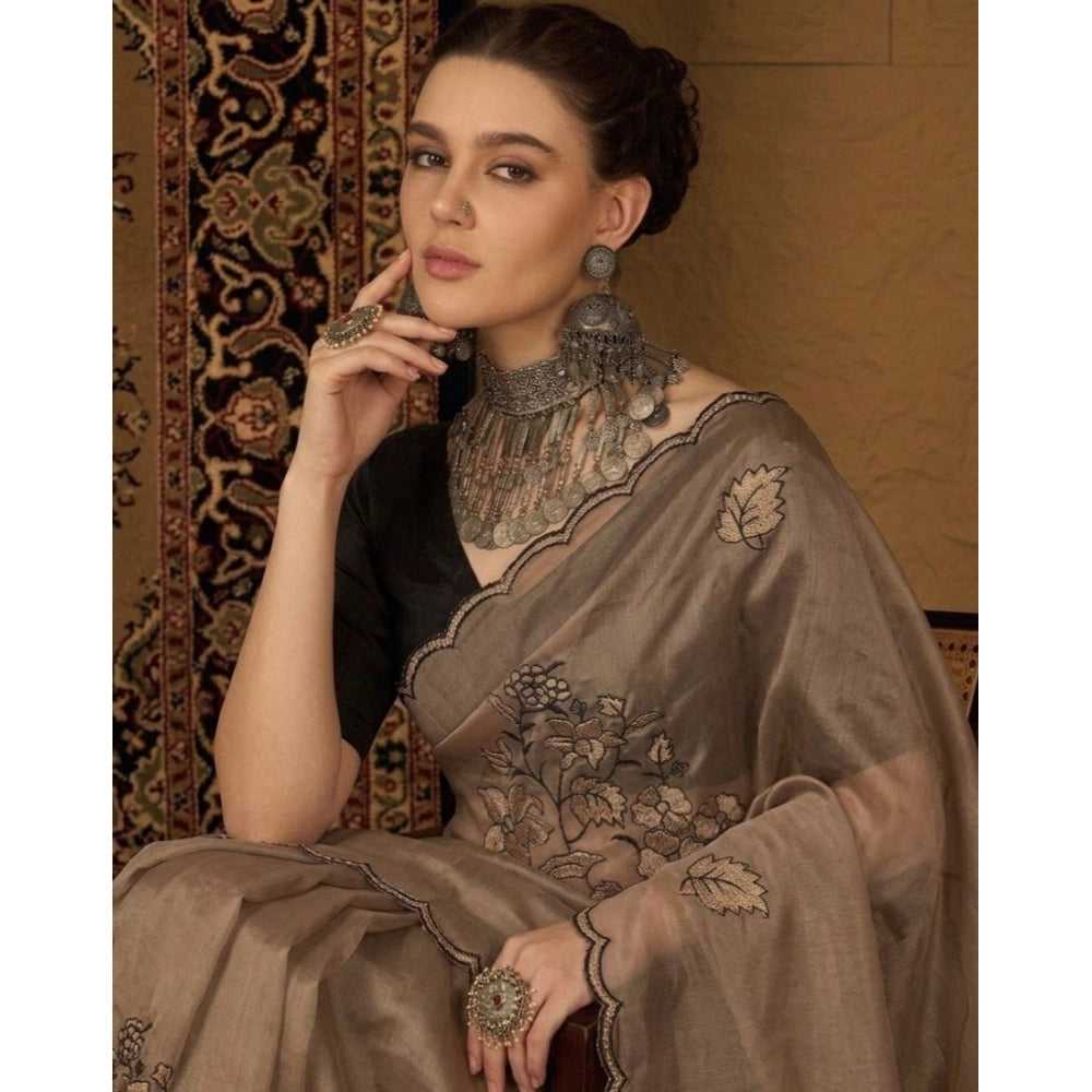 Women's Viscose Silk Embroidered Saree — Brown · 2612