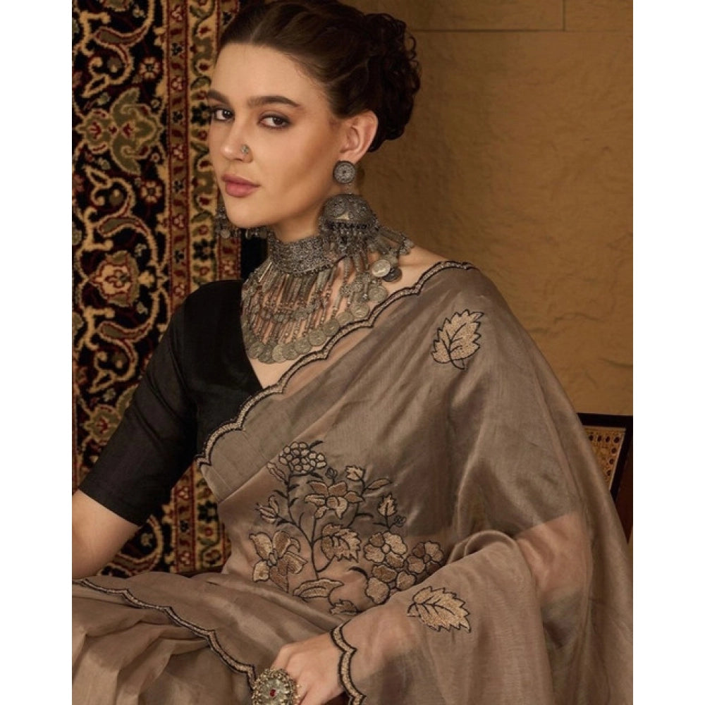 Women's Viscose Silk Embroidered Saree — Brown · 2612