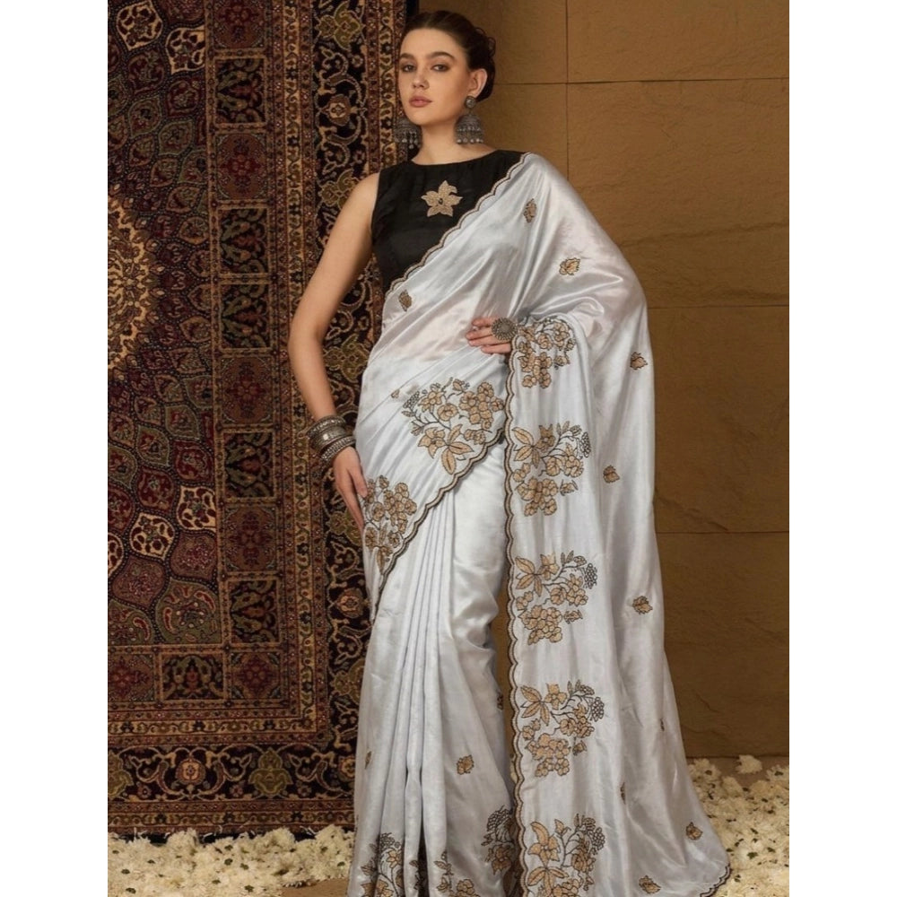 Women's Viscose Silk Embroidered Saree — Grey · 2613