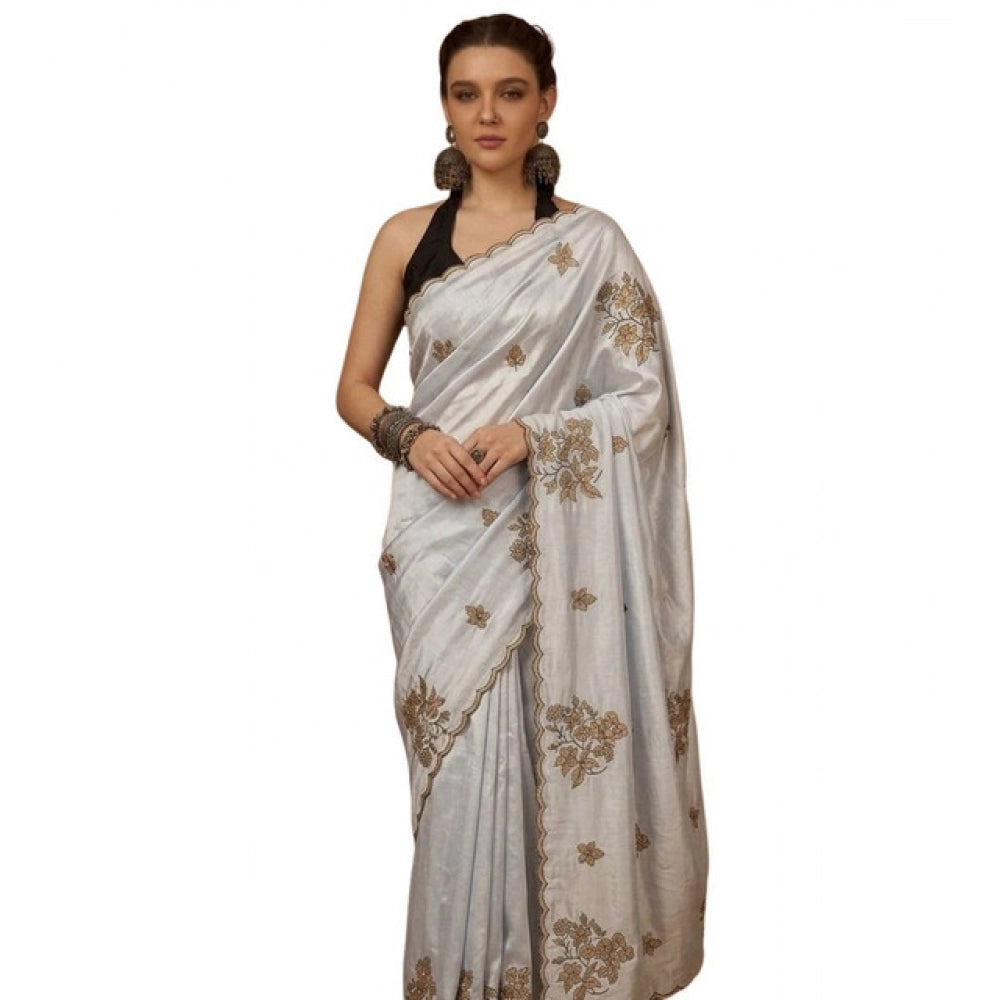 Women's Viscose Silk Embroidered Saree — Grey · 2613