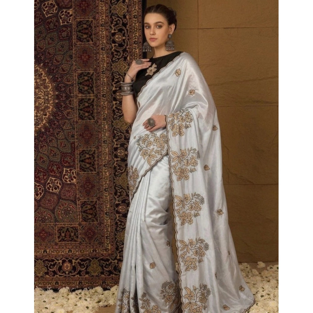 Women's Viscose Silk Embroidered Saree — Grey · 2613