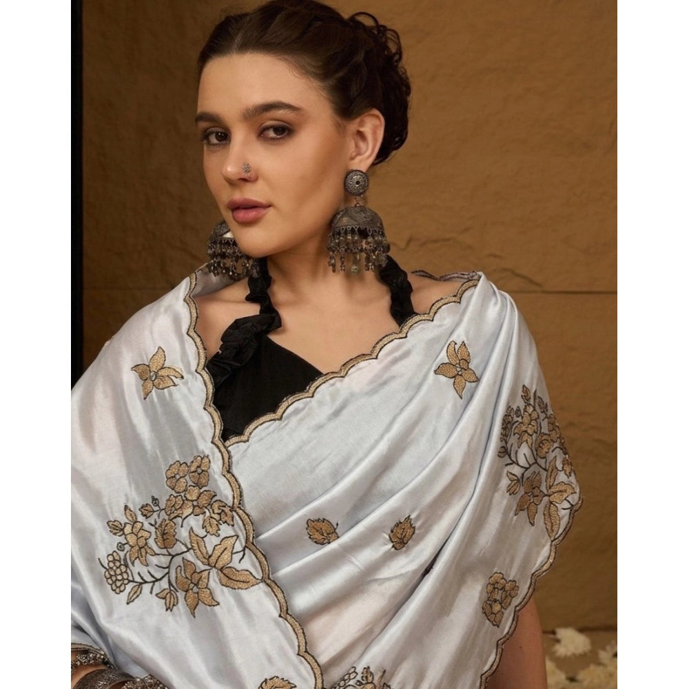 Women's Viscose Silk Embroidered Saree — Grey · 2613