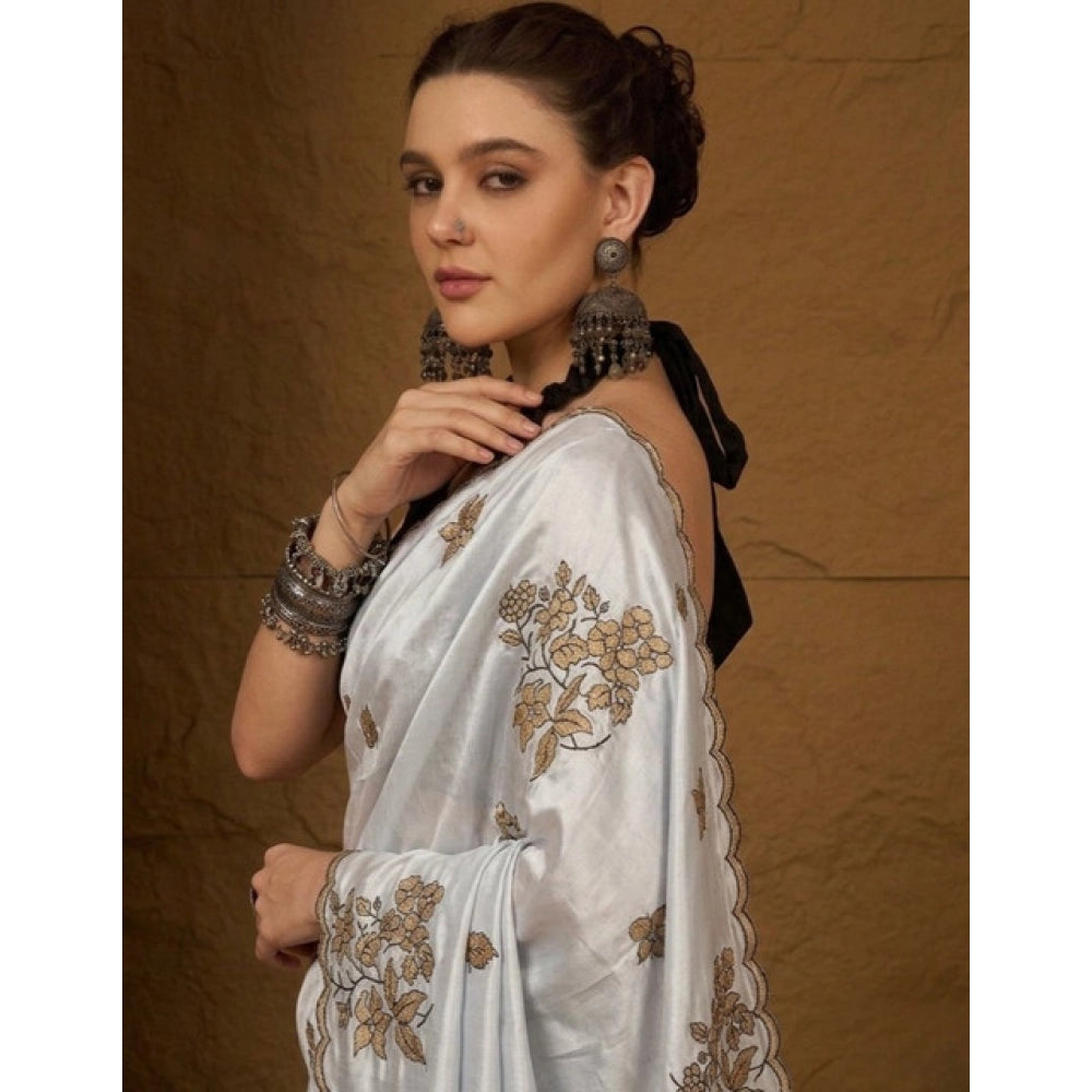 Women's Viscose Silk Embroidered Saree — Grey · 2613