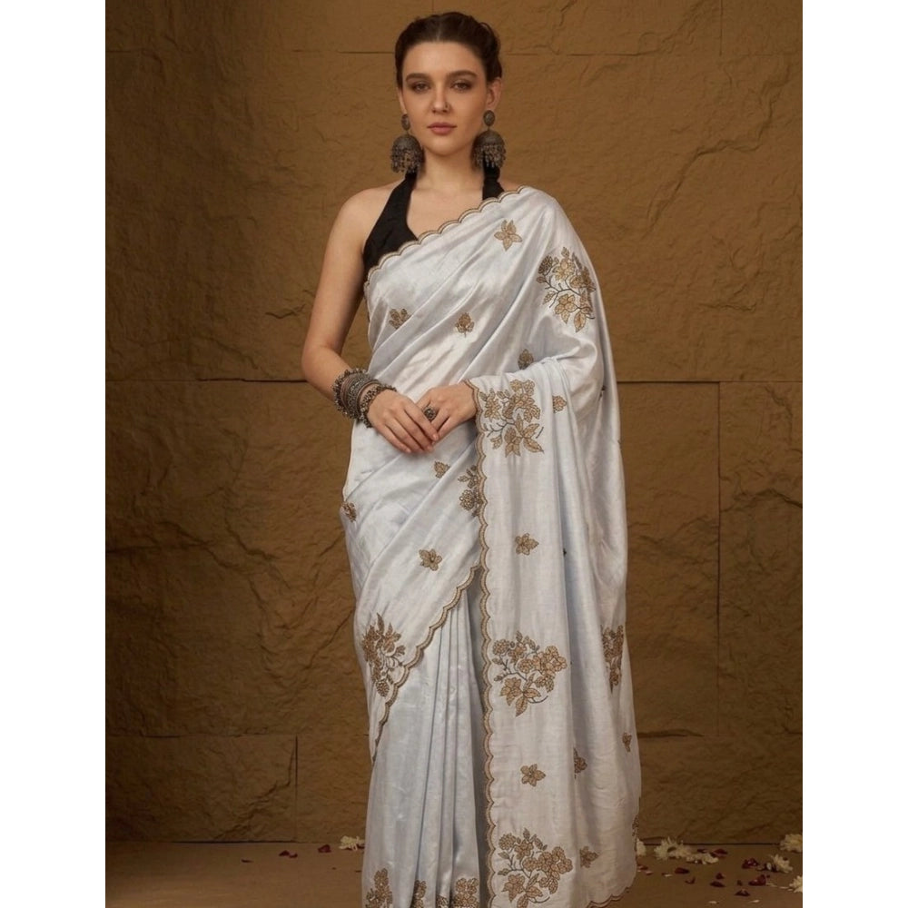 Women's Viscose Silk Embroidered Saree — Grey · 2613