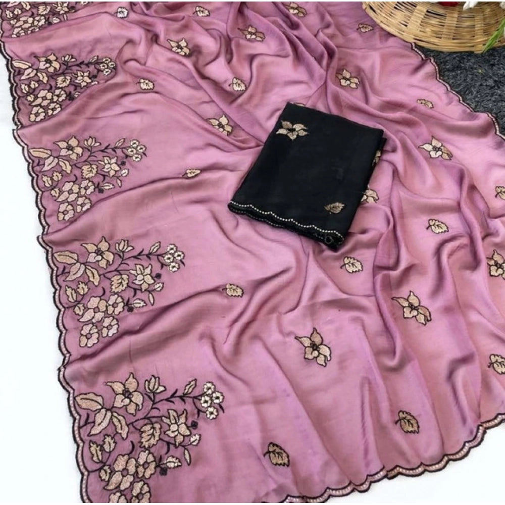 Women's Viscose Silk Embroidered Saree — Pink · 2614